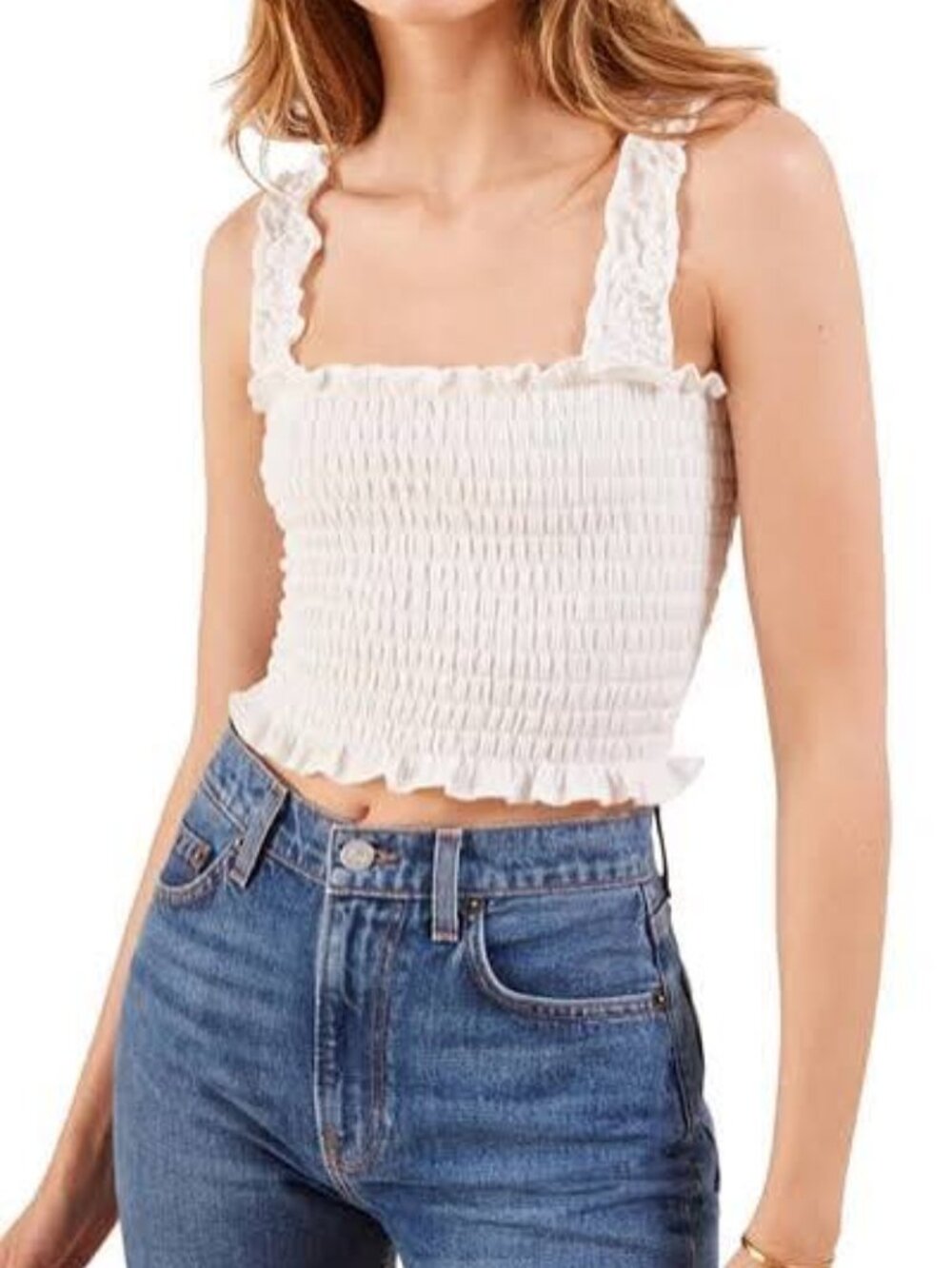 Reformation Leonore ivory smocked ruffle strap crop top